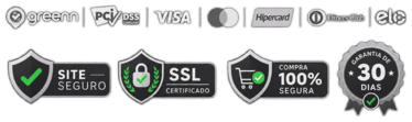 Site seguro, SSL certificado, compra 100% segura, garantia de 30 dias. Pagamento pela Greenn: Visa, Mastercard, Hipercard, Diners Club e Elo